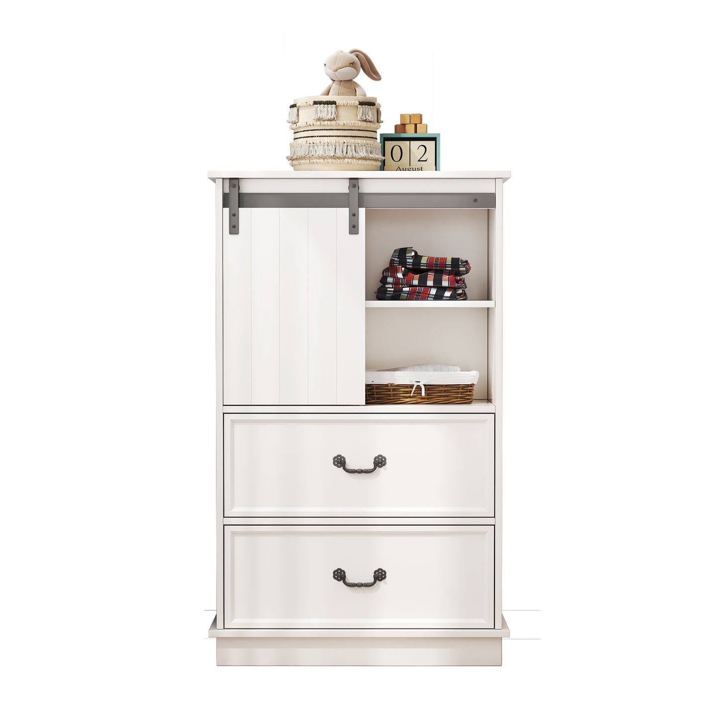 Farmhouse Drawer Chest with Sliding Door, Multi-Storage Drawer Dresser with 5 Drawers and Storage Shelf, Tall Chest of Drawers with Adjustable Shelves for Bedroom, Living room