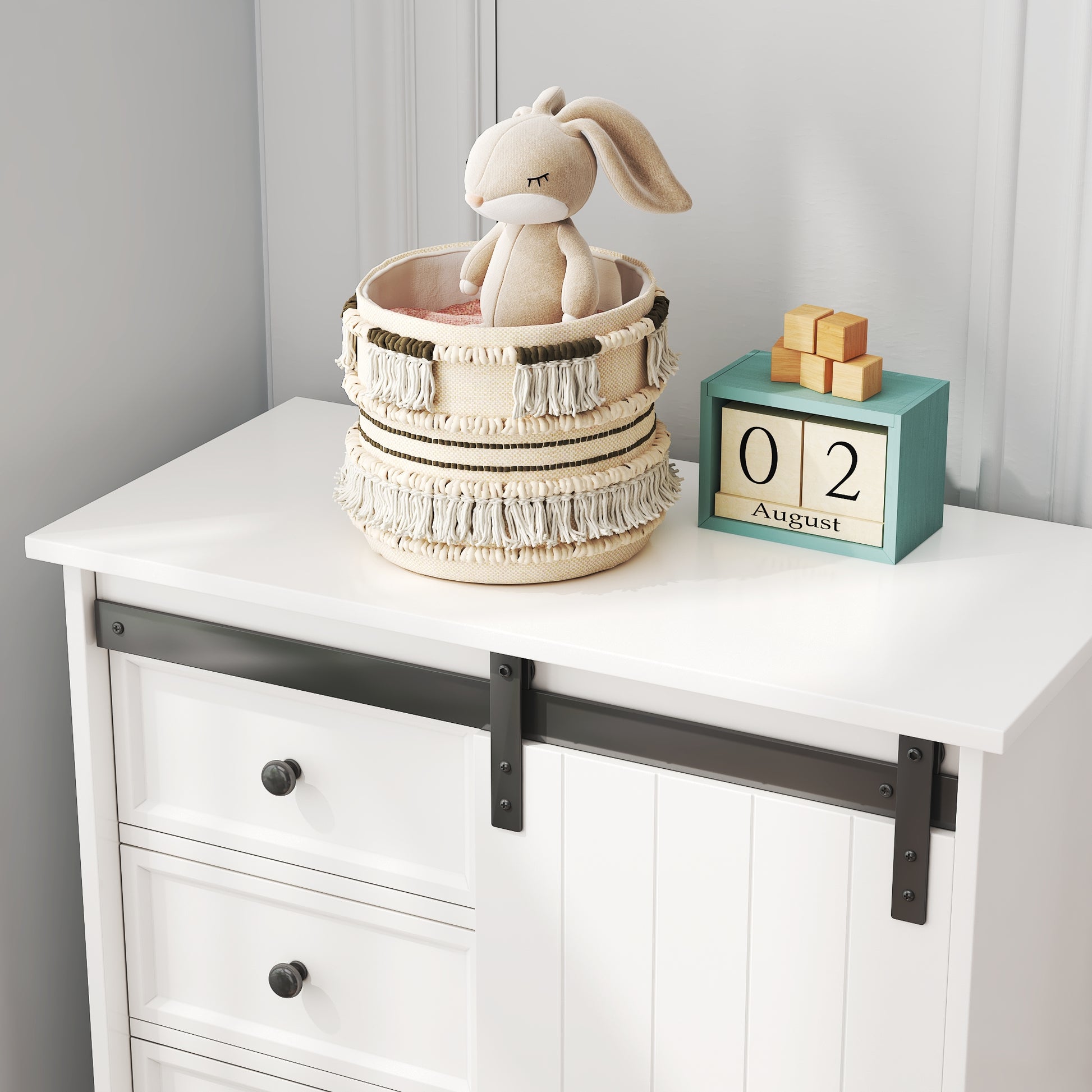 Farmhouse Drawer Chest with Sliding Door, Multi-Storage Drawer Dresser with 5 Drawers and Storage Shelf, Tall Chest of Drawers with Adjustable Shelves for Bedroom, Living room