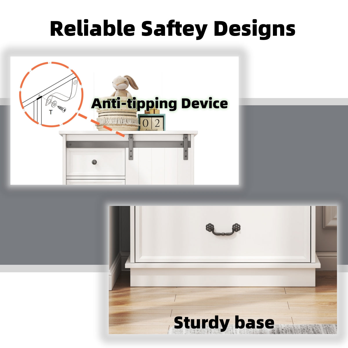 51'' Farmhouse Drawer Chest with Sliding Door, Multi-Storage Drawer Dresser with 5 Drawers and Storage Shelf, Tall Chest of Drawers with Adjustable Shelves for Bedroom, Living room