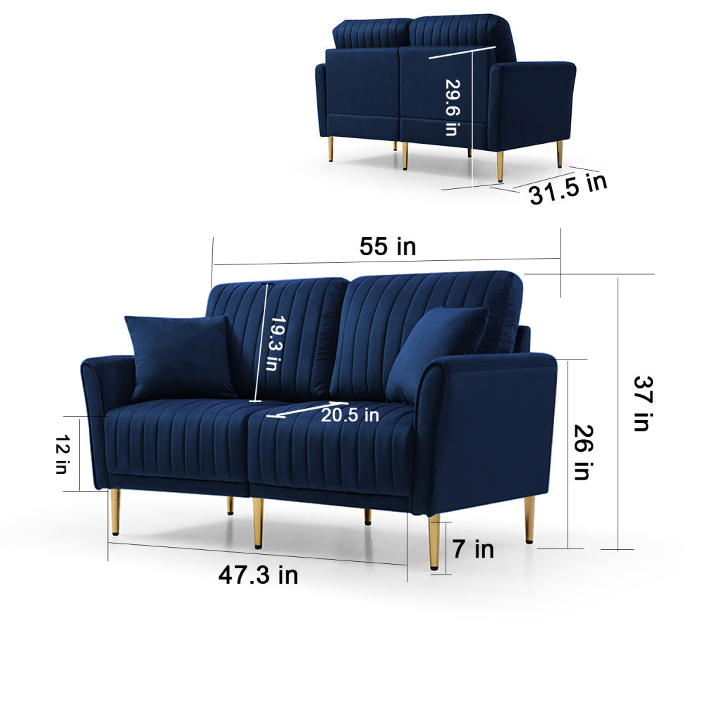 2 Pieces Sectional Sofa Set for Living Room, Velvet Tufted Couch Sofa With Metal Legs, 2 Piece Loveseat and Sofa, Furniture Set,Blue Velvet