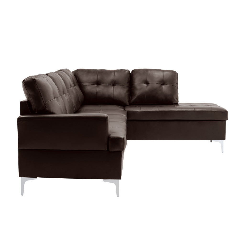 Contemporary Brown 3pc Sectional Sofa with RSF Chaise Ottoman Tufted Detail Faux Leather Upholstered Solid Wood Living Room Furniture L-Shape Sofa Chaise