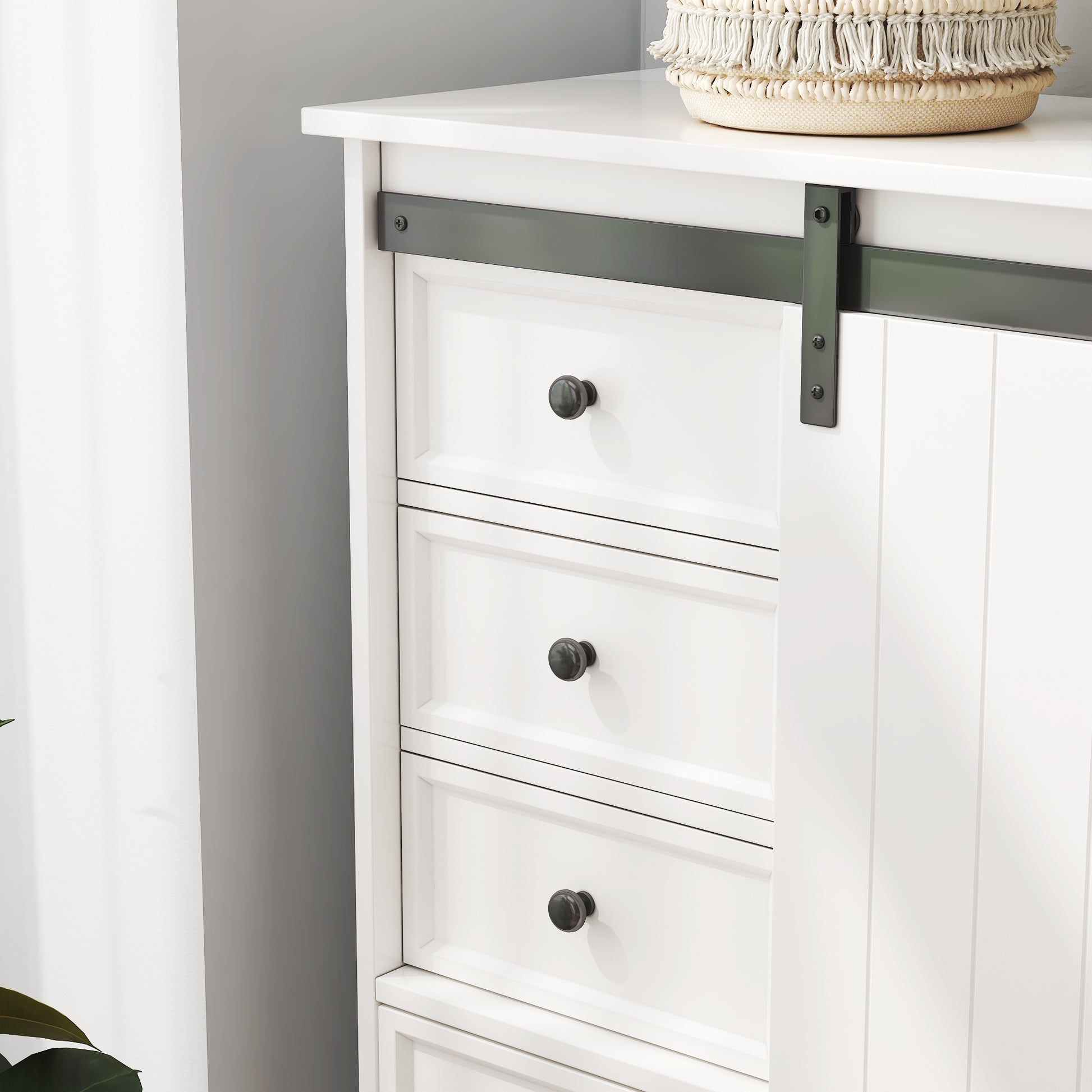 Farmhouse Drawer Chest with Sliding Door, Multi-Storage Drawer Dresser with 5 Drawers and Storage Shelf, Tall Chest of Drawers with Adjustable Shelves for Bedroom, Living room