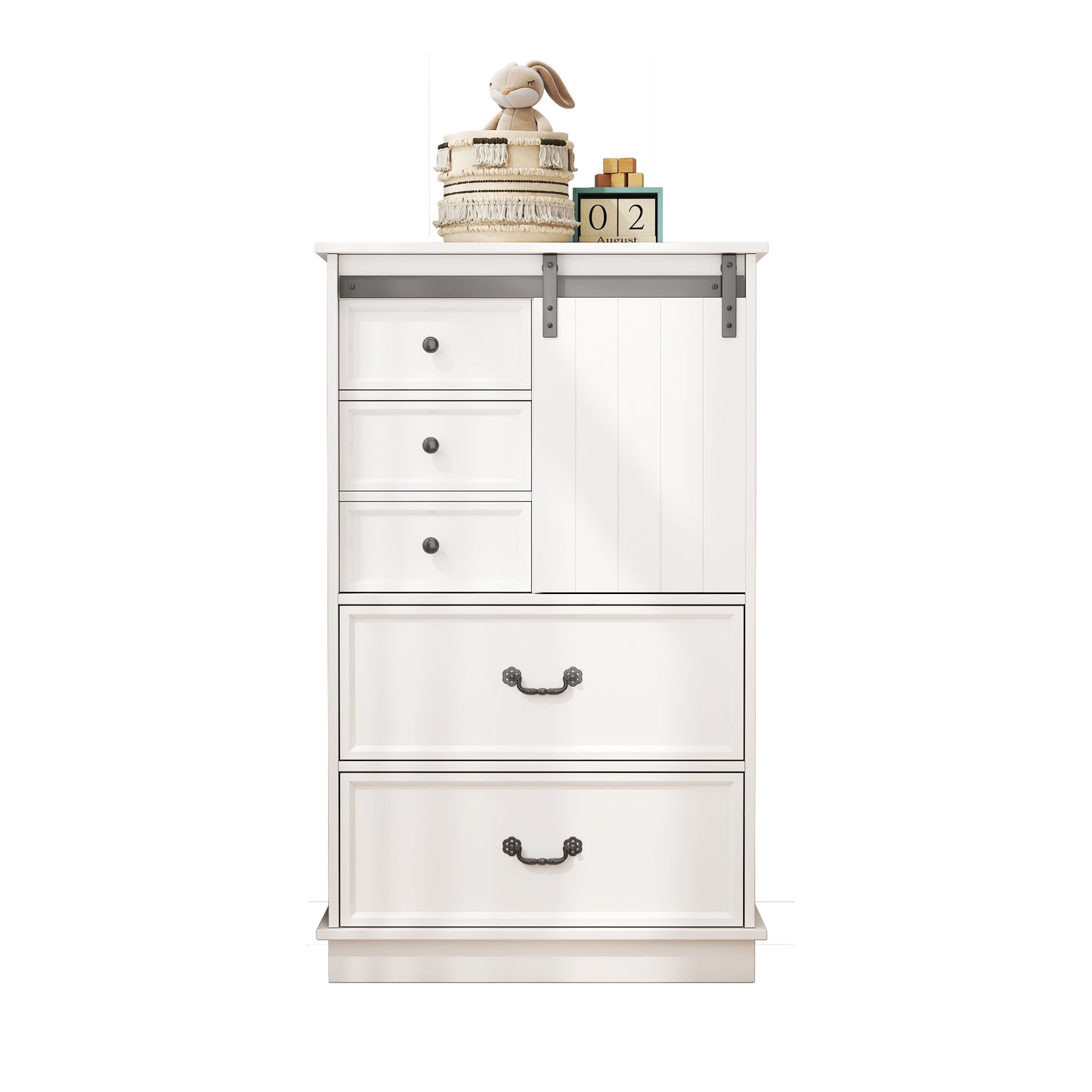 51'' Farmhouse Drawer Chest with Sliding Door, Multi-Storage Drawer Dresser with 5 Drawers and Storage Shelf, Tall Chest of Drawers with Adjustable Shelves for Bedroom, Living room