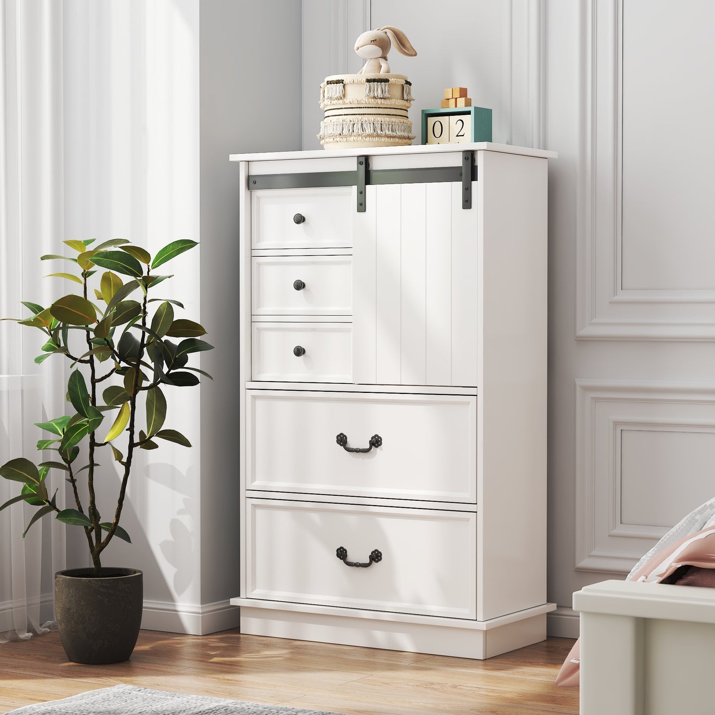 Farmhouse Drawer Chest with Sliding Door, Multi-Storage Drawer Dresser with 5 Drawers and Storage Shelf, Tall Chest of Drawers with Adjustable Shelves for Bedroom, Living room