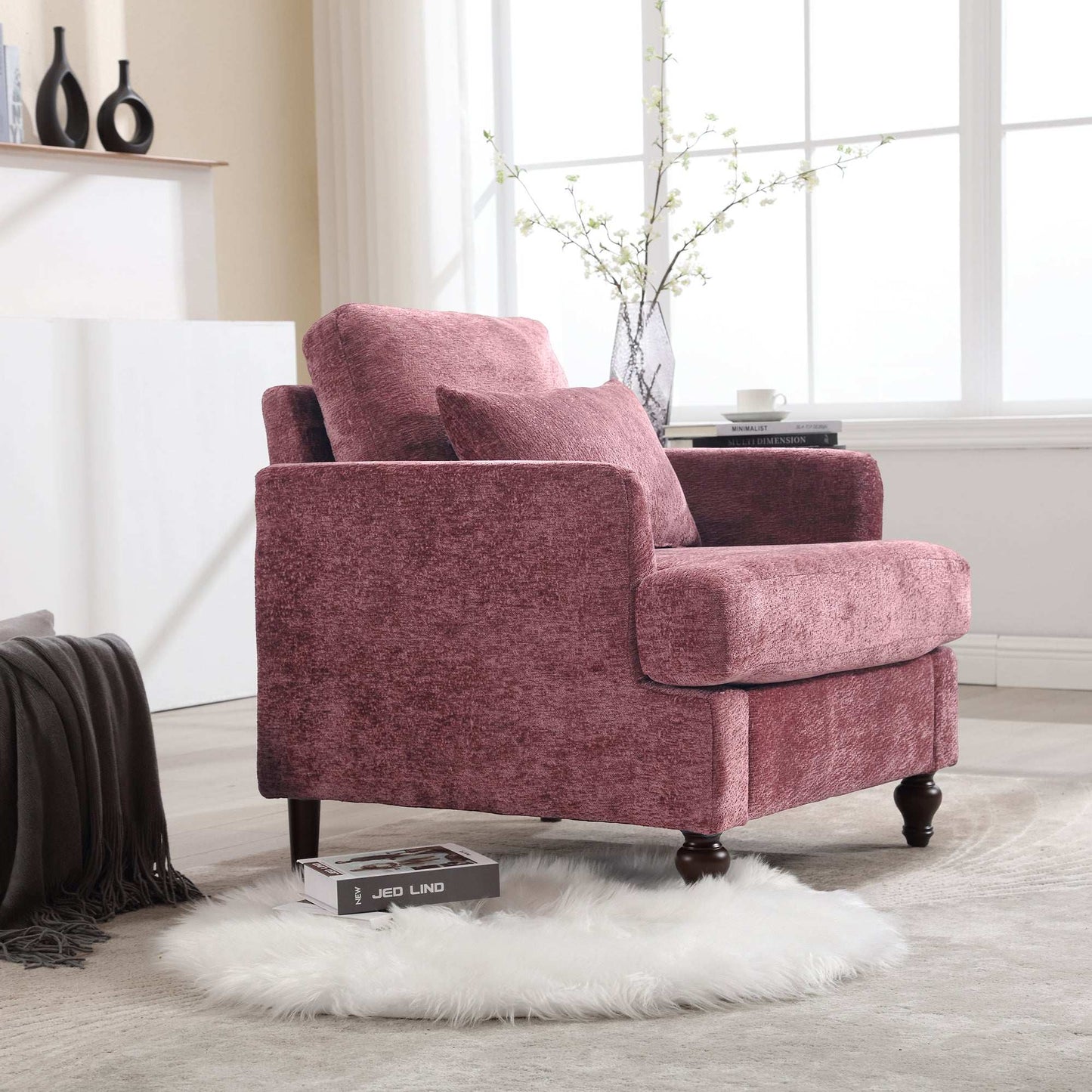 COOLMORE Wood Frame Armchair, Modern Accent Chair Lounge Chair for Living Room,Tufted Club Chair, Mid Century Modern Arm Chairs with Studded, Solid Wood Frame, for Bedroom, Reading(Wine red Chenille)