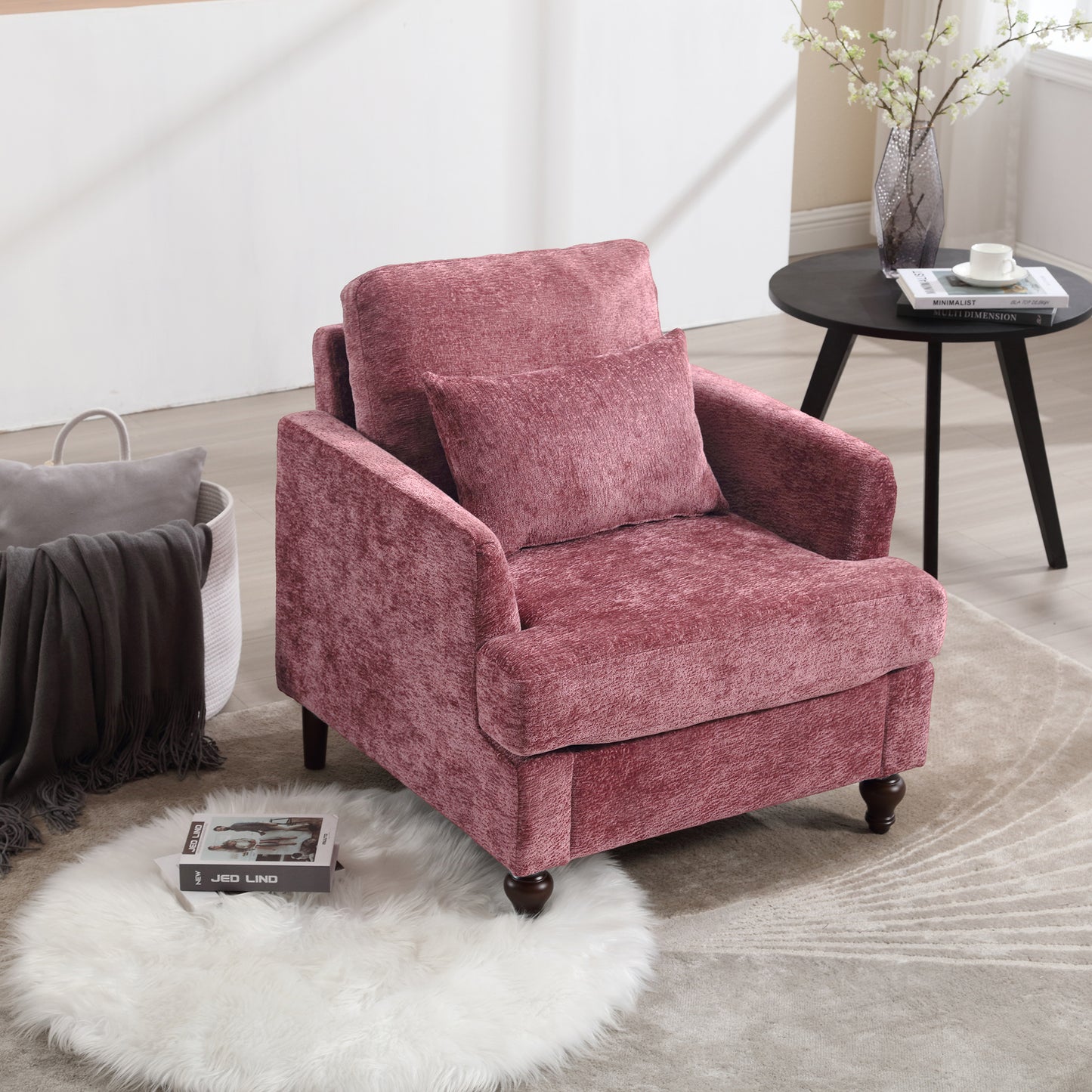 COOLMORE Wood Frame Armchair, Modern Accent Chair Lounge Chair for Living Room,Tufted Club Chair, Mid Century Modern Arm Chairs with Studded, Solid Wood Frame, for Bedroom, Reading(Wine red Chenille)