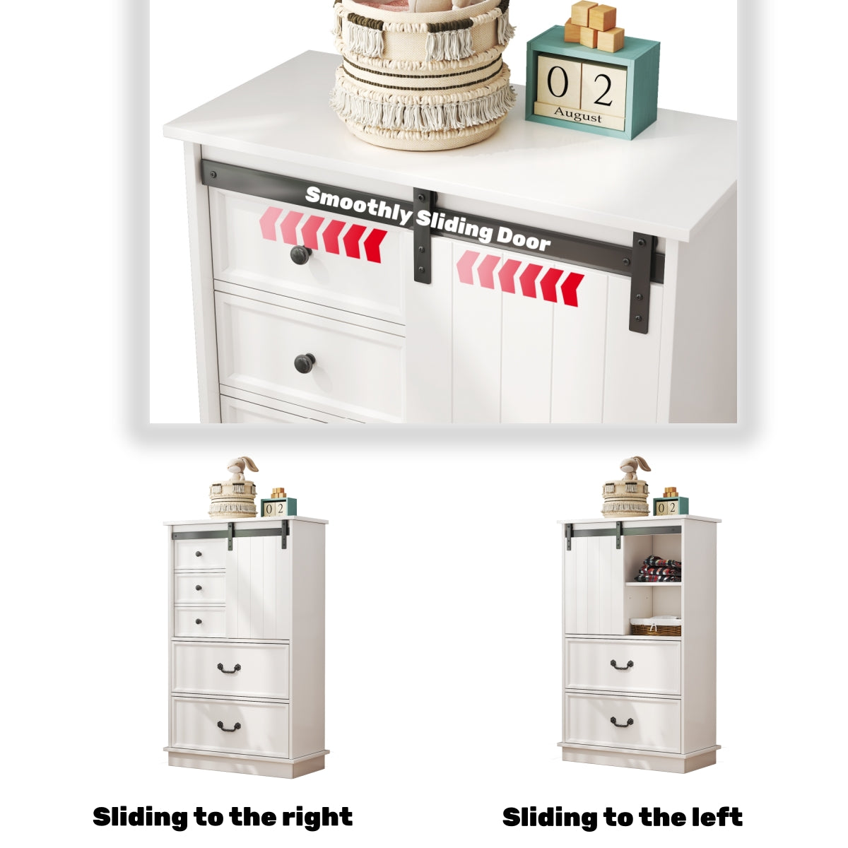 51'' Farmhouse Drawer Chest with Sliding Door, Multi-Storage Drawer Dresser with 5 Drawers and Storage Shelf, Tall Chest of Drawers with Adjustable Shelves for Bedroom, Living room