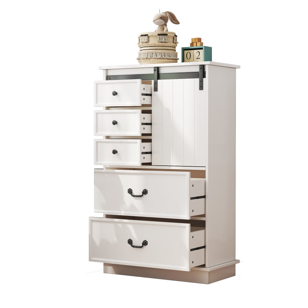 Farmhouse Drawer Chest with Sliding Door, Multi-Storage Drawer Dresser with 5 Drawers and Storage Shelf, Tall Chest of Drawers with Adjustable Shelves for Bedroom, Living room