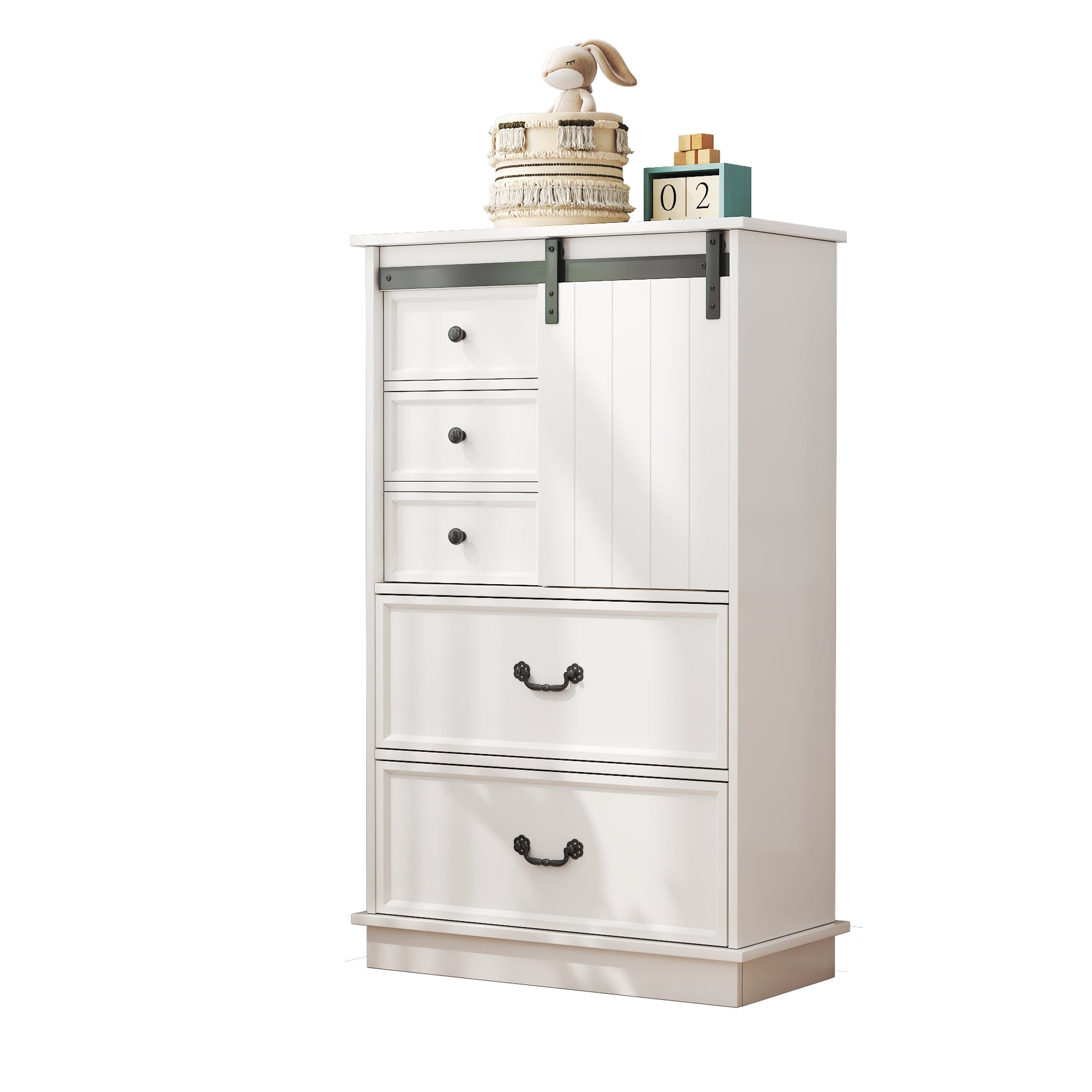 White dresser with multiple drawers and decorative items on top against a white background