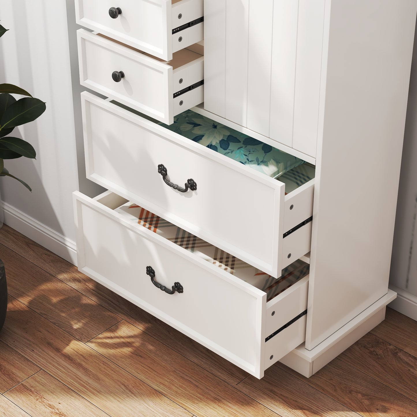 Farmhouse Drawer Chest with Sliding Door, Multi-Storage Drawer Dresser with 5 Drawers and Storage Shelf, Tall Chest of Drawers with Adjustable Shelves for Bedroom, Living room