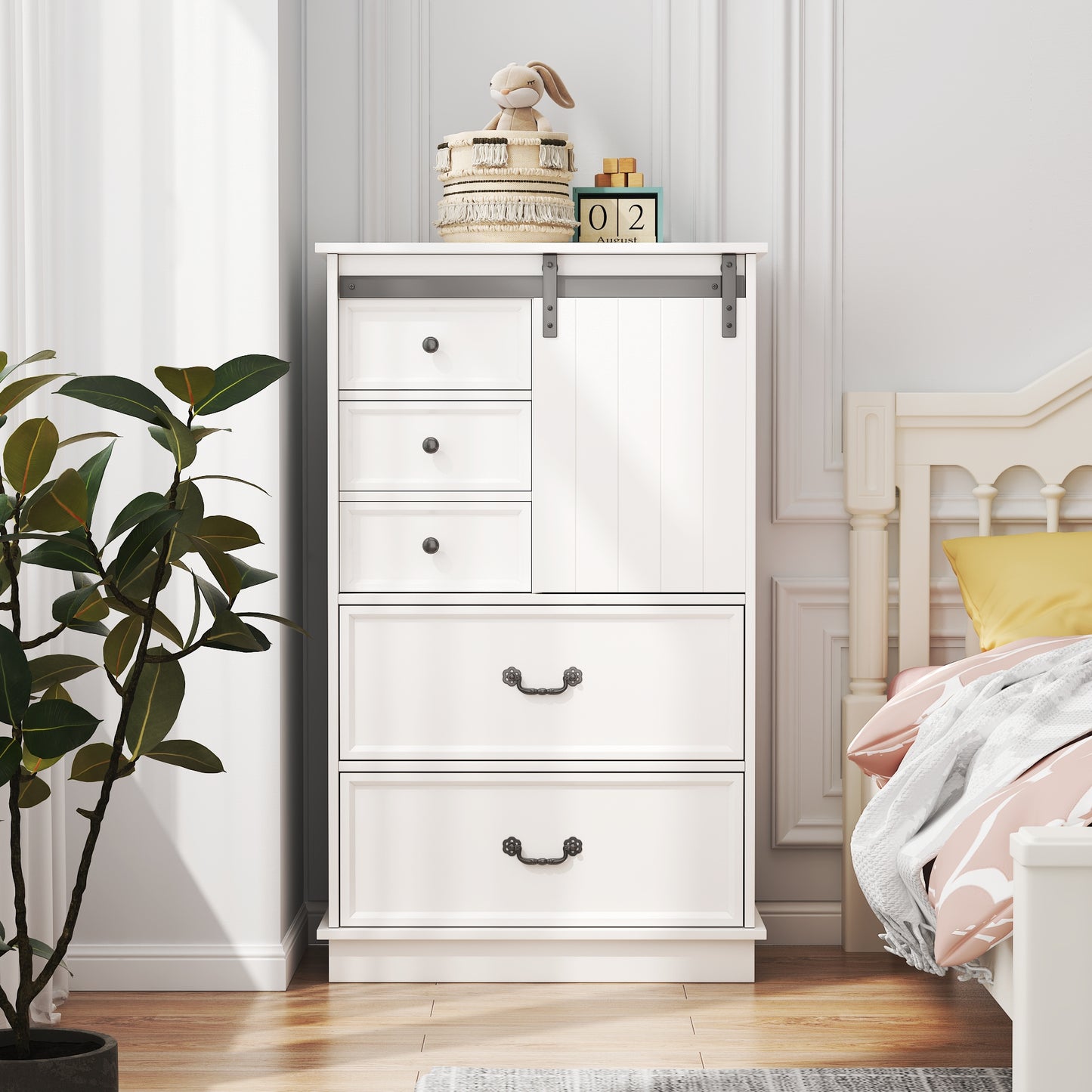 51'' Farmhouse Drawer Chest with Sliding Door, Multi-Storage Drawer Dresser with 5 Drawers and Storage Shelf, Tall Chest of Drawers with Adjustable Shelves for Bedroom, Living room