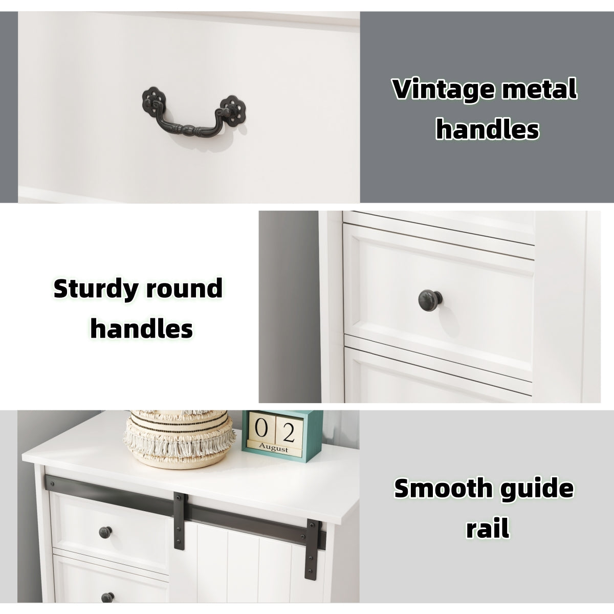 51'' Farmhouse Drawer Chest with Sliding Door, Multi-Storage Drawer Dresser with 5 Drawers and Storage Shelf, Tall Chest of Drawers with Adjustable Shelves for Bedroom, Living room