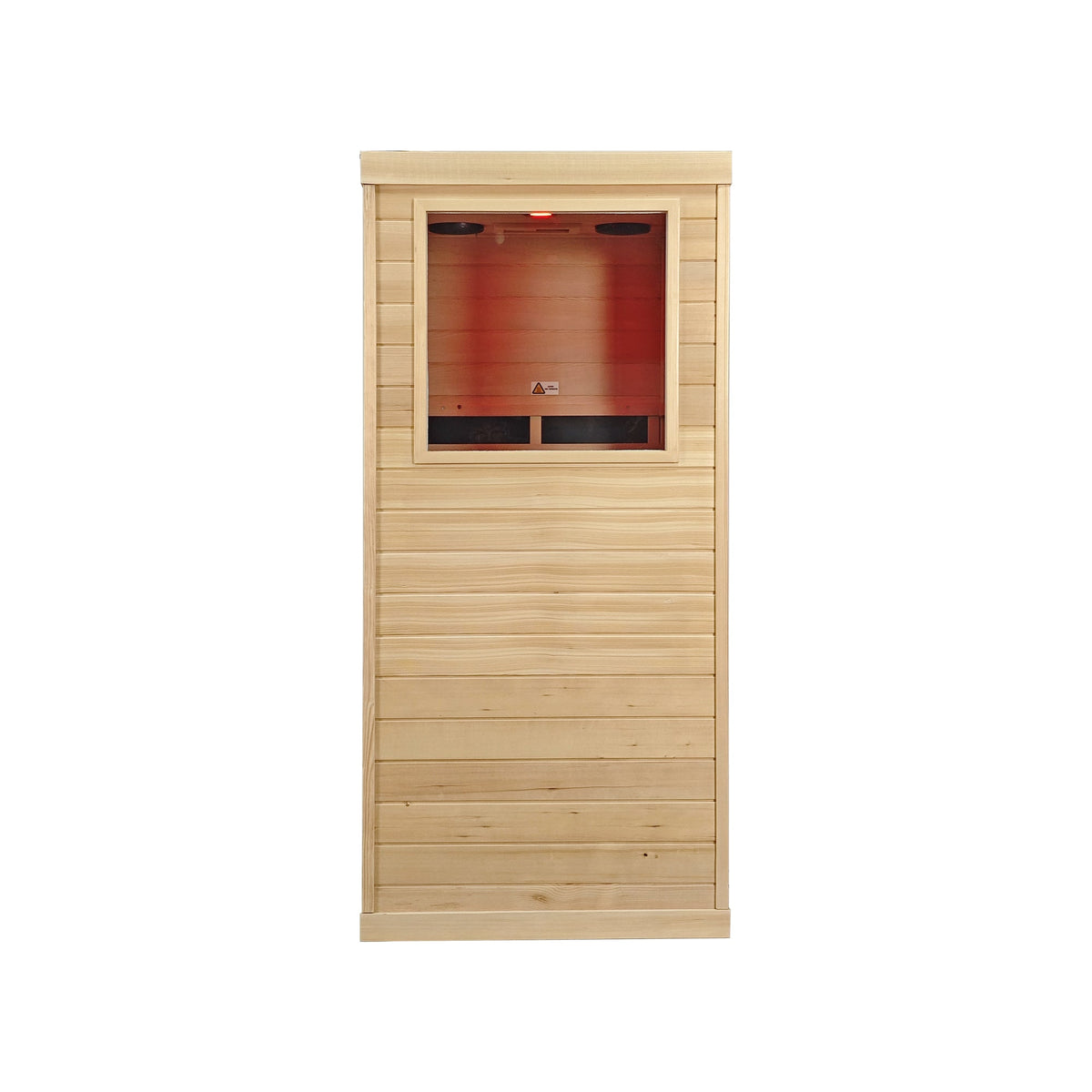 A wooden sauna cabin with light natural wood exterior panels and a glass front window showing a warm red interior, isolated on a white background.