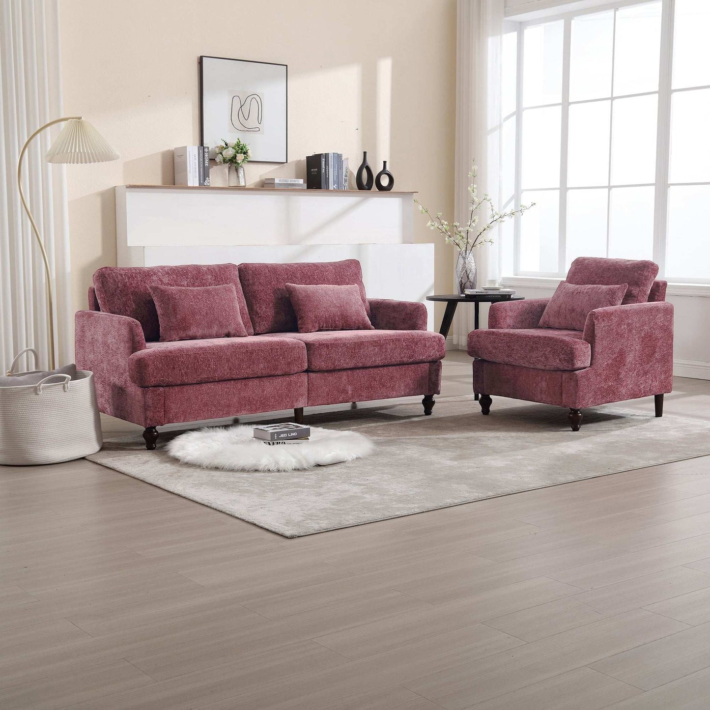 COOLMORE Wood Frame Armchair, Modern Accent Chair Lounge Chair for Living Room,Tufted Club Chair, Mid Century Modern Arm Chairs with Studded, Solid Wood Frame, for Bedroom, Reading(Wine red Chenille)