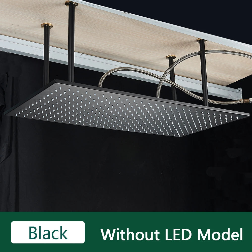 Rozin LED Matte Black Shower Head 40*80cm Large Size Rainfall Shower Heads Ceiling Mounted with Installation Arm for Bathroom Home Fusion
