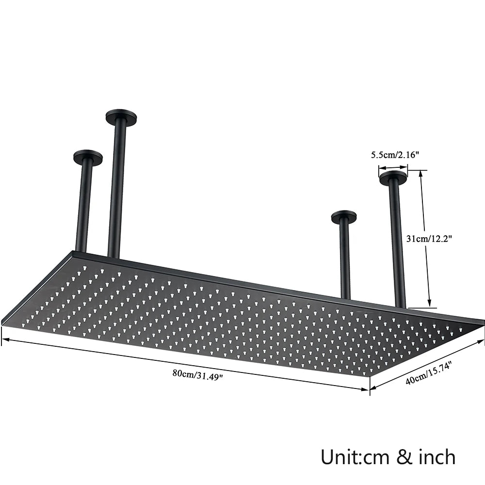 Rozin LED Matte Black Shower Head 40*80cm Large Size Rainfall Shower Heads Ceiling Mounted with Installation Arm for Bathroom