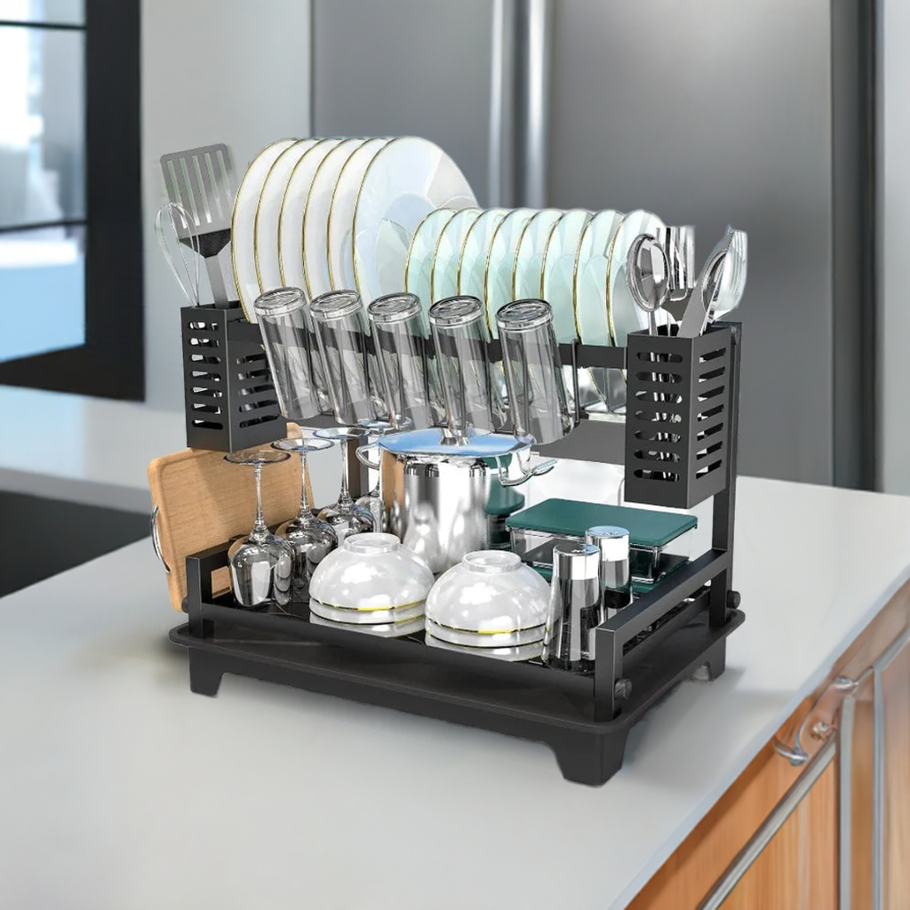 Dish Drying Rack for Kitchen Counter with Drainboard & Utensil Holders