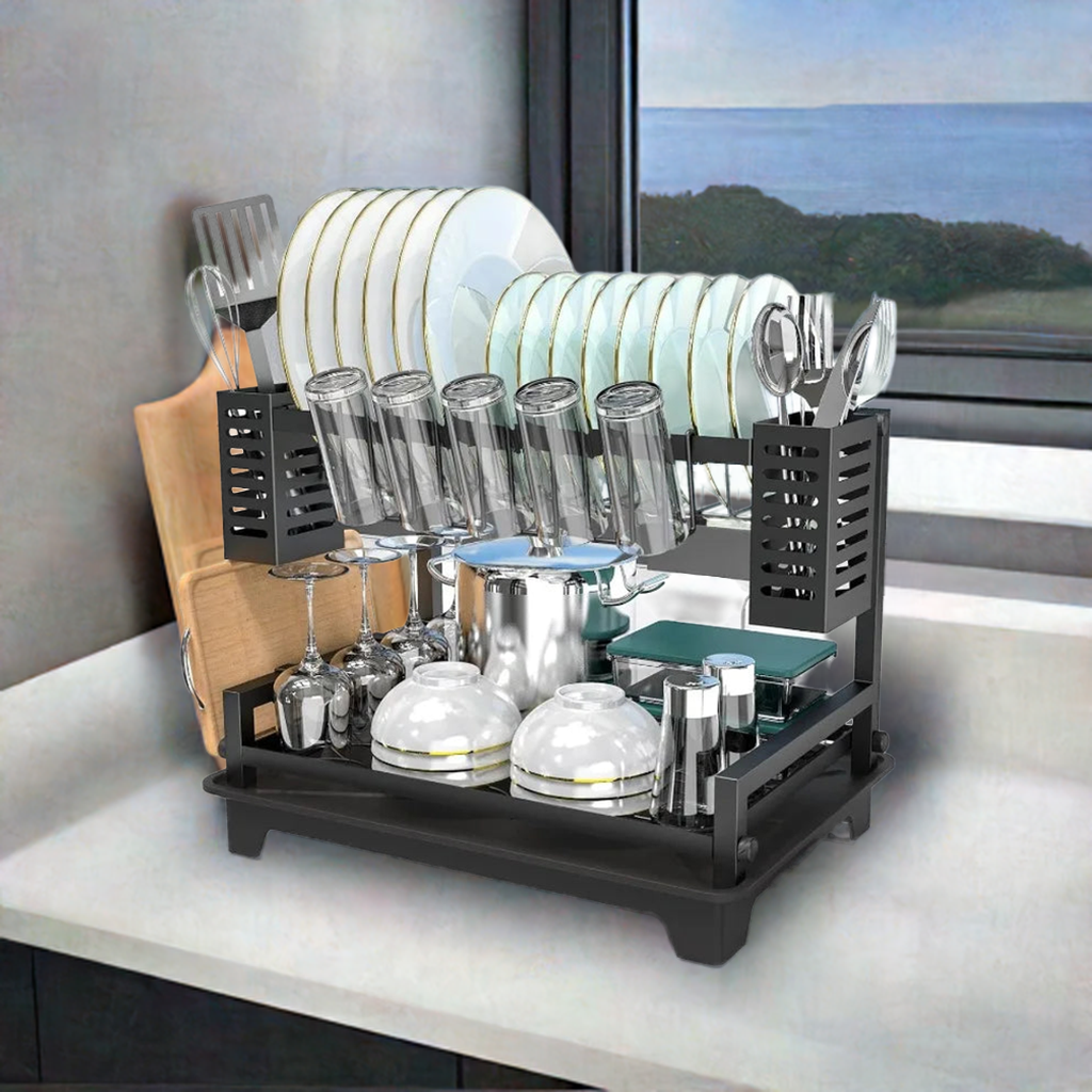 Dish Drying Rack for Kitchen Counter with Drainboard & Utensil Holders