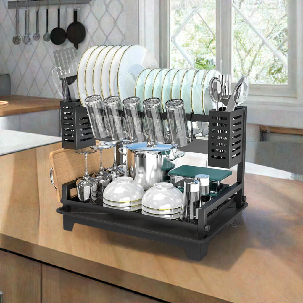 Dish Drying Rack for Kitchen Counter with Drainboard & Utensil Holders