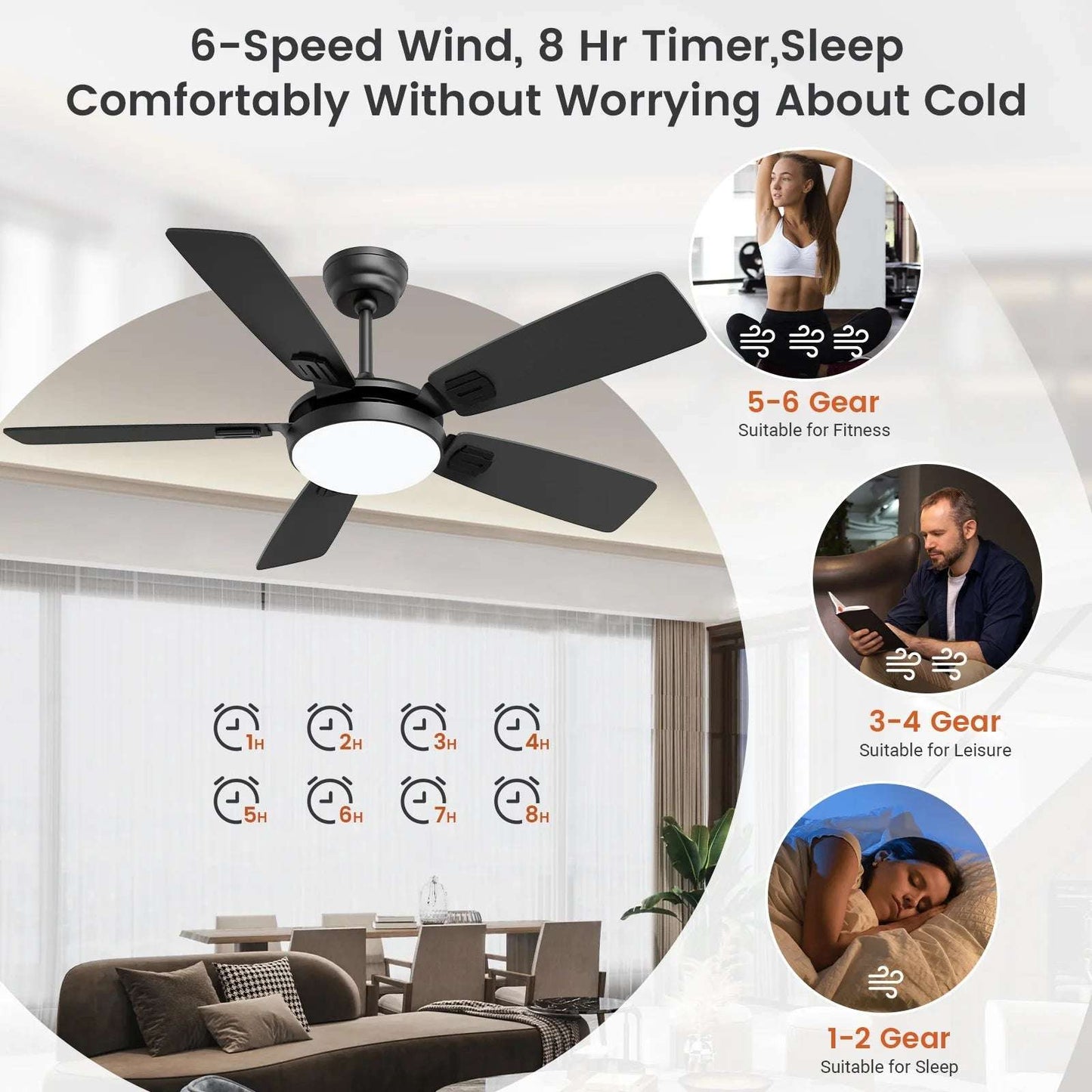 Modern Minimalist 5-Blade Ceiling Fan Light 42 /52 Black/White/Wood Grain Dimmable with Doodle App Ceiling Fan Light Home Fusion