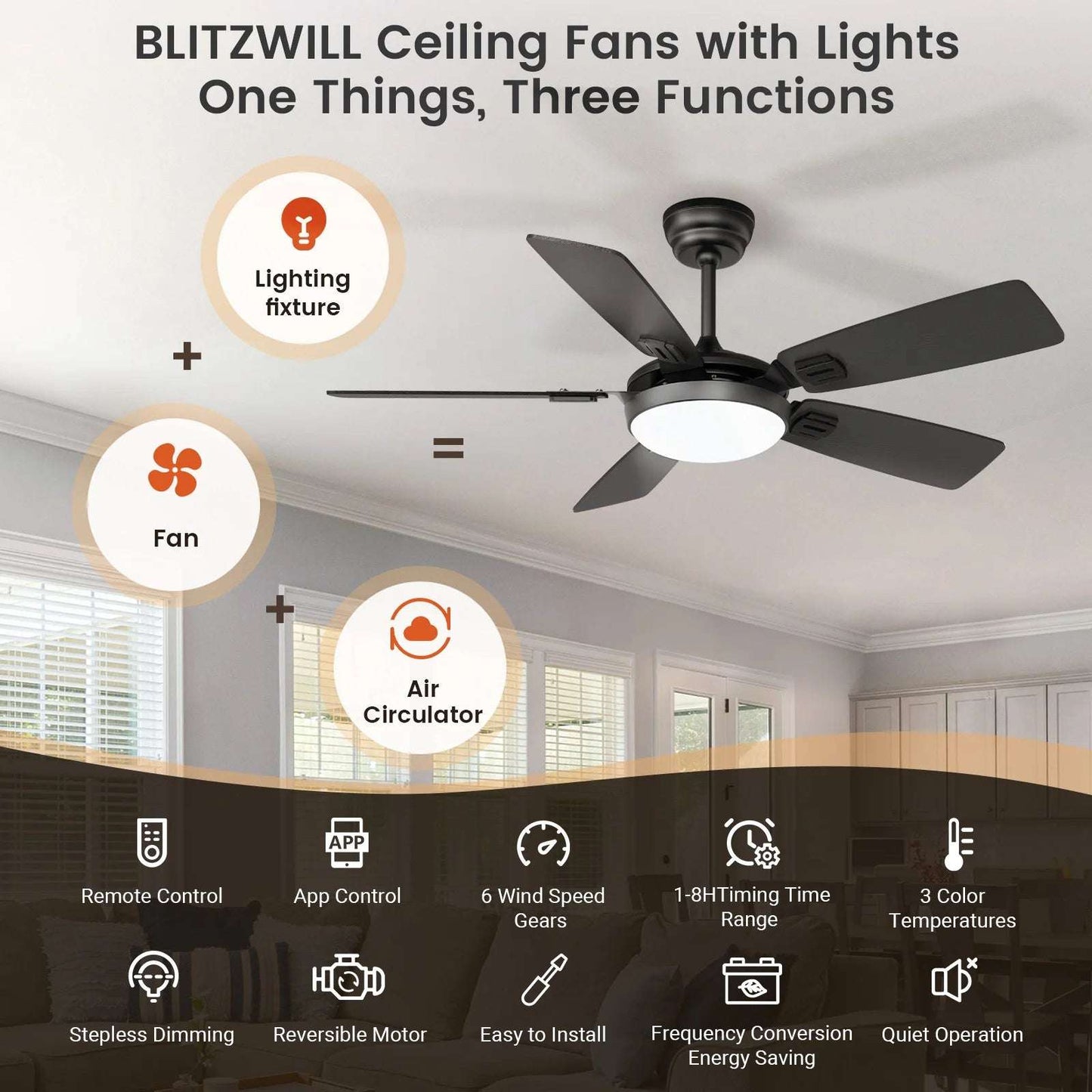 Modern Minimalist 5-Blade Ceiling Fan Light 42 /52 Black/White/Wood Grain Dimmable with Doodle App Ceiling Fan Light Home Fusion