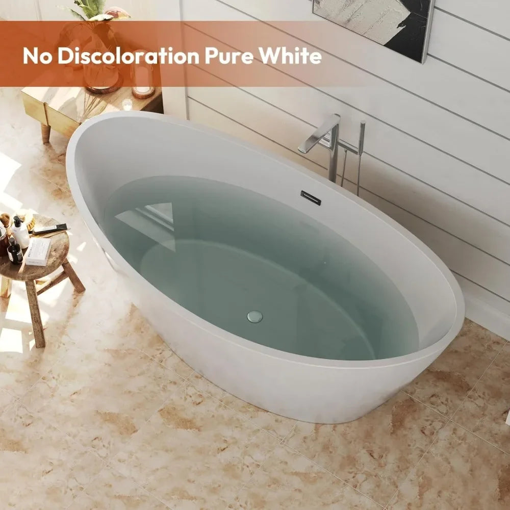 Bathtub, 59-inch, Acrylic Freestanding, Deep Soaking Tub with Overflow and Drain, Spa Tubs, Freestanding Tub Home Fusion