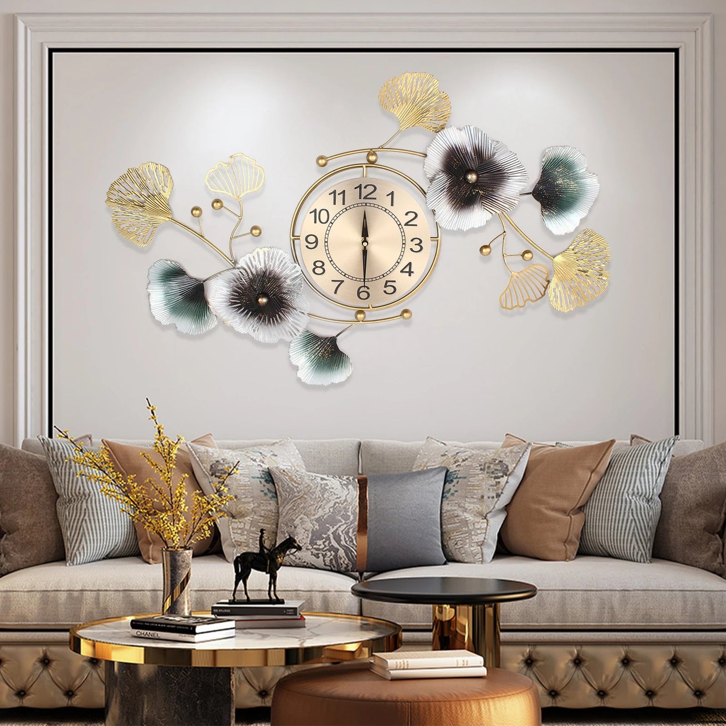 Wall Clock Modern Ginkgo Biloba Wall Clock Mute Large Wall Clock Home Living Room Decoration 90x45cm Home Fusion