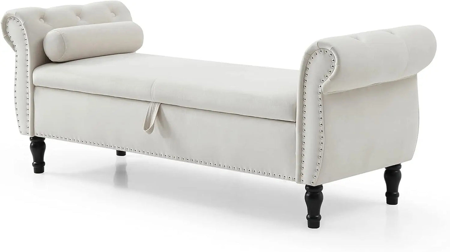 FIQHOME 63" Velvet Storage Bench with 1 Pillow, Multifunctional Rectangular Hallway Sofa Stool Buttons Tufted Nailhead Trimmed Home Fusion