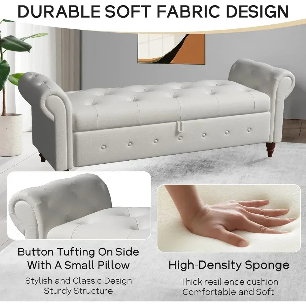Storage Ottoman Bench, End of Bed Button Tufted Ottoman Bench, Rolled Armed Ottoman Couch Long Bench for Bedroom, Living Room Home Fusion