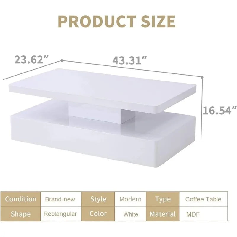 Modern LED Coffee Table 44 Inch, High Glossy Rectangler Center Table with LED Lights &2 Tier for Home Living Room Home Fusion