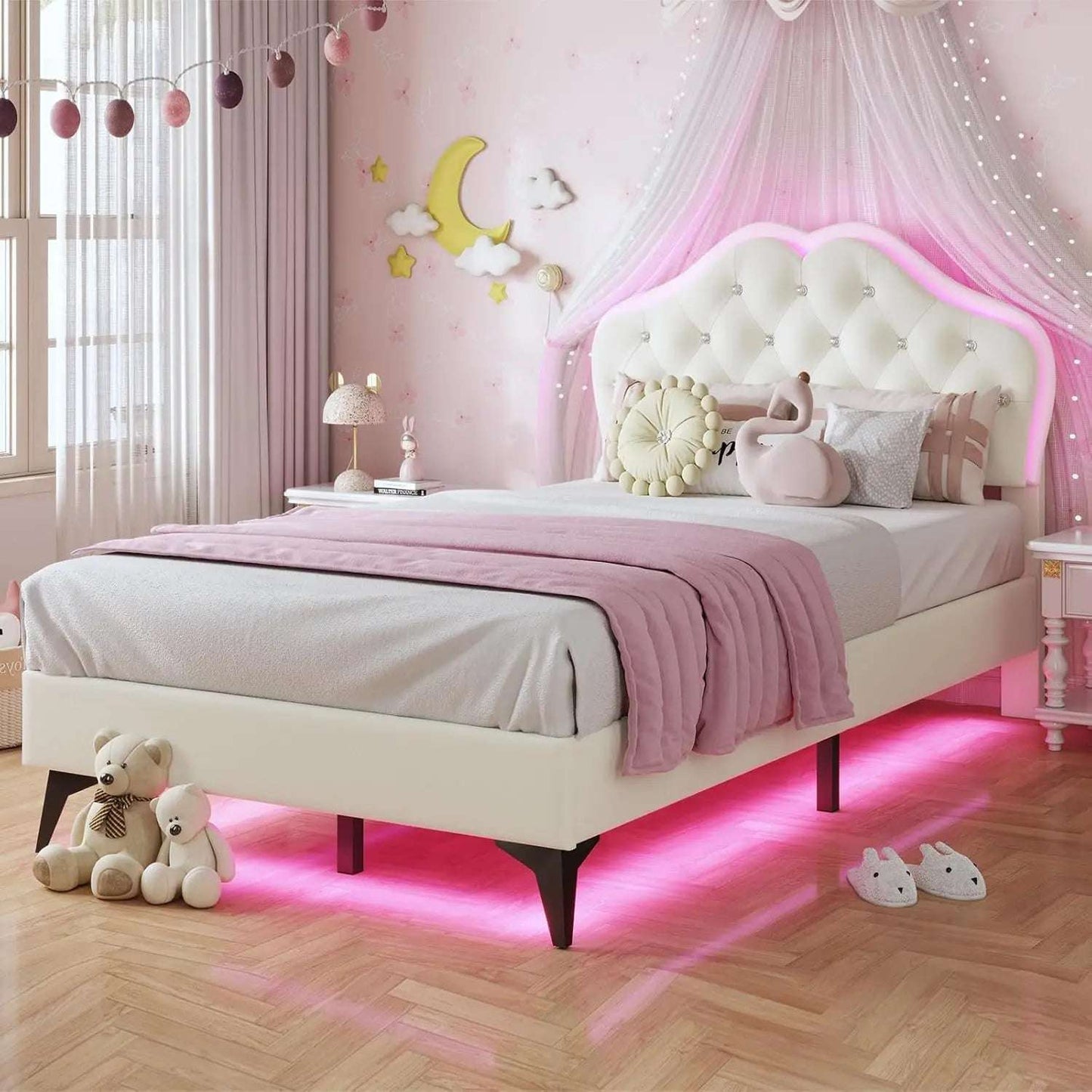 Queen Size Upholstered Bed Frame with LED Lights, Adjustable Headboard with Crystal Button, Solid Wood Slats Support, Beige