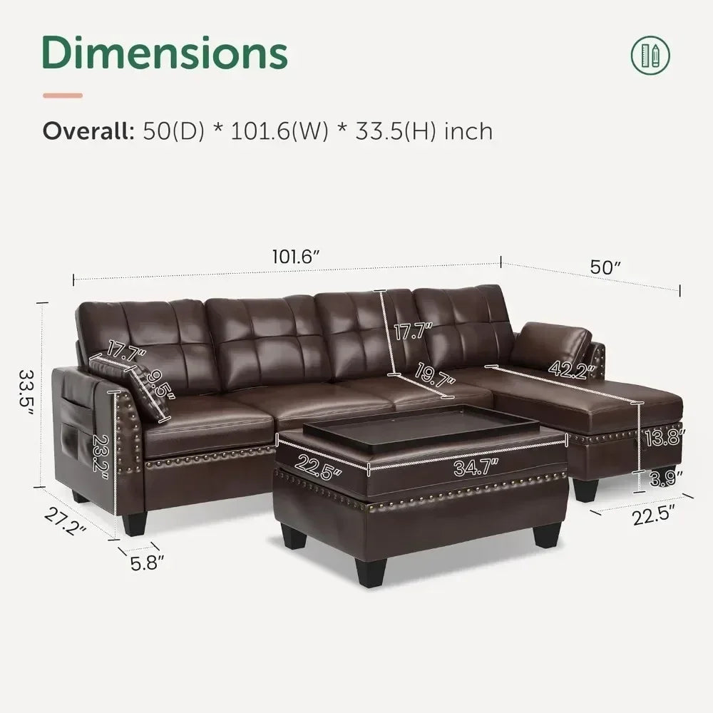 Leather Sectional Sofa with Ottoman - Easy Assembly, Storage Space,Living Room Sofa Home Fusion