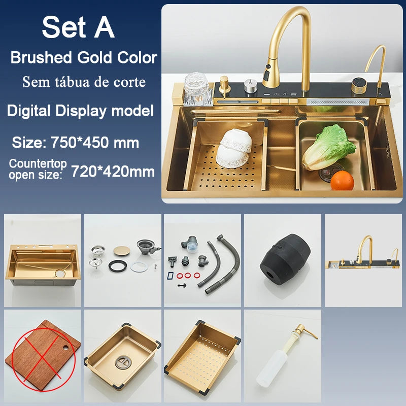 Stainless Steel Kitchen Sink with Faucet Digital Display Large Single Bowl Waterfall Rain 5 Functions System Dish Basin Sink Home Fusion