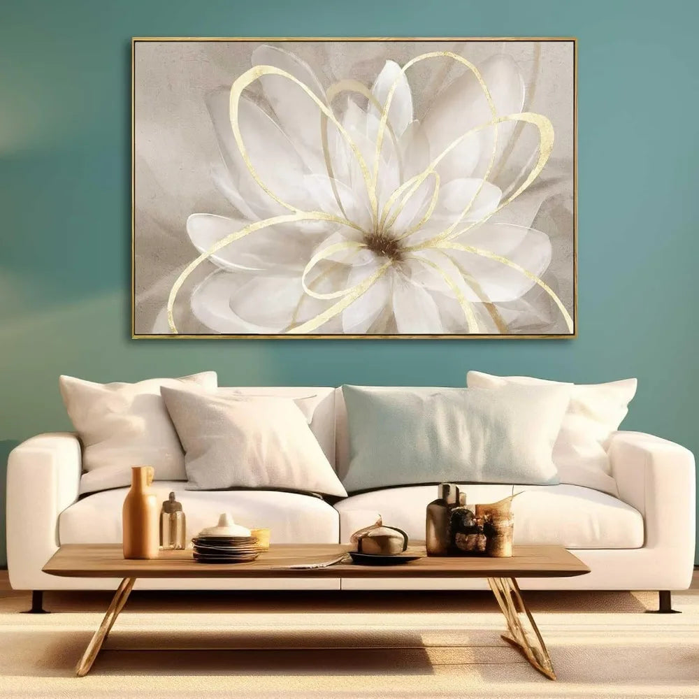 Living room flower wall art 32x48 inch gold large artwork painting. Home Fusion