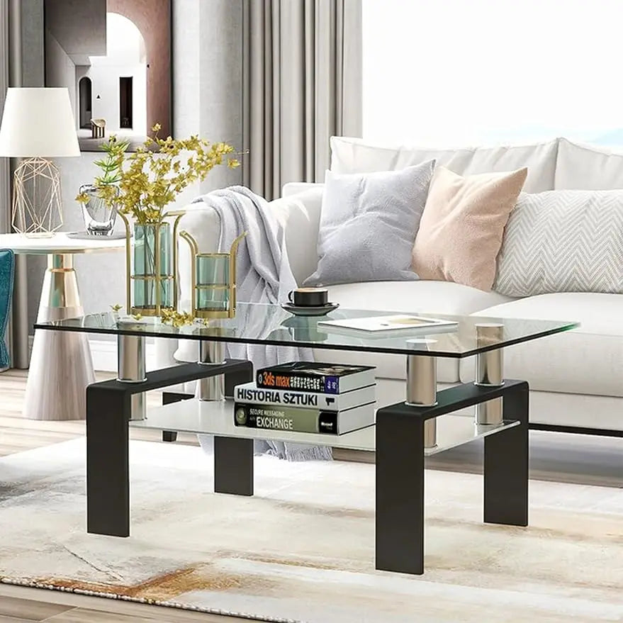 Rectangler Center Table with LED Lights2-Tier Tea Table Modern Side Coffee Table for Living Room Home Fusion