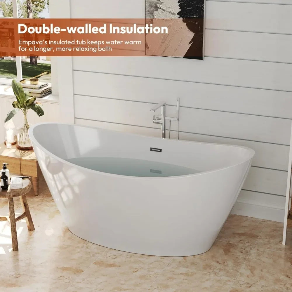 Bathtub, 59-inch, Acrylic Freestanding, Deep Soaking Tub with Overflow and Drain, Spa Tubs, Freestanding Tub Home Fusion