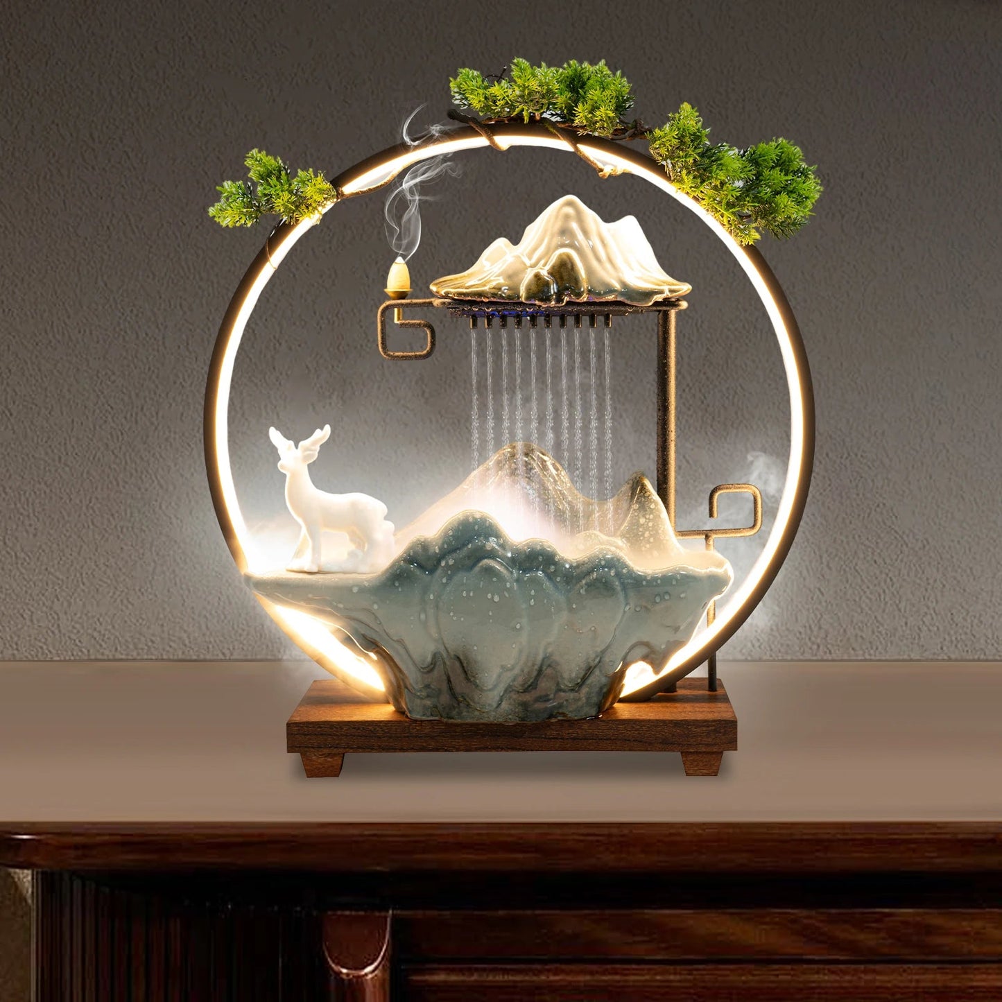 Tabletop Fountain with LED Lights Indoor Rockery Waterfall for Mist Effect Home Office Decor Home Fusion