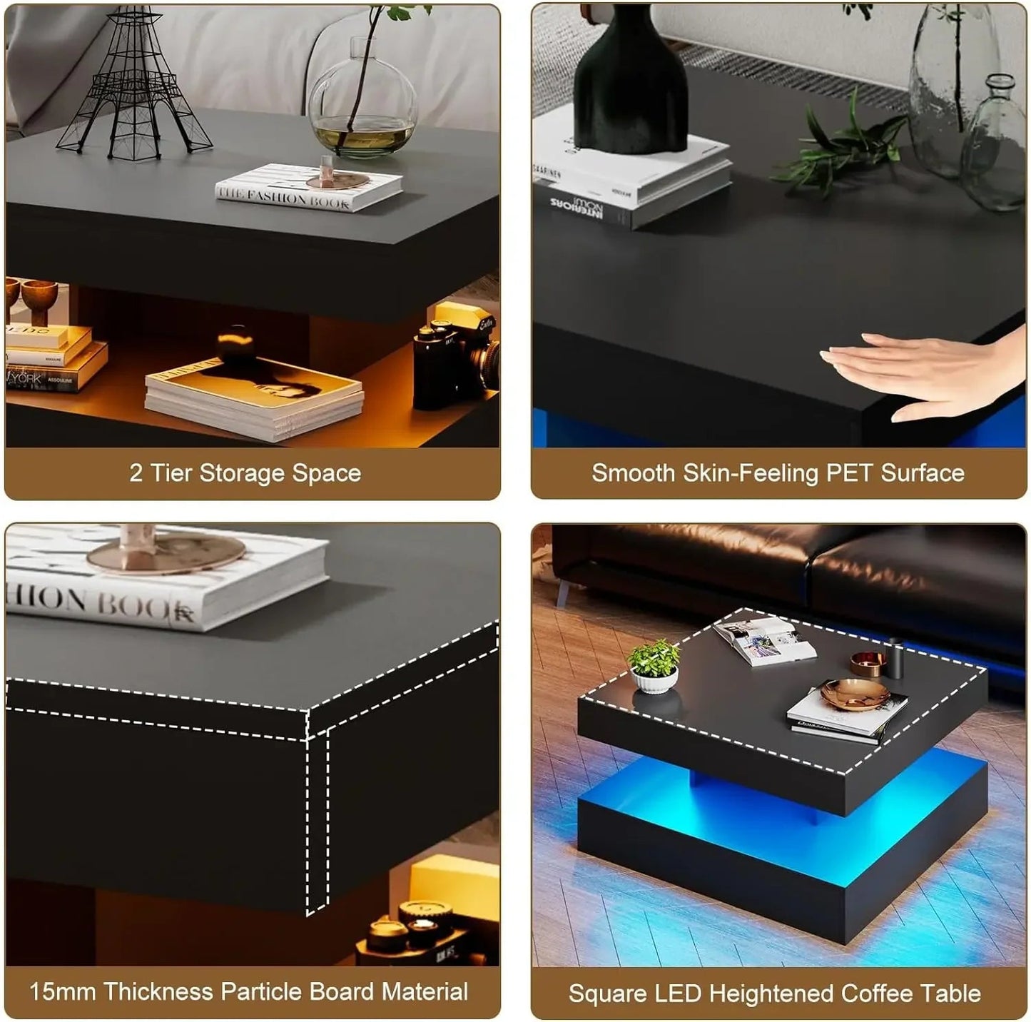 Black LED Coffee Table with Storage for Living Room Modern Smart Tall Square Center Table 2 Tier Display Shelf 20 Colors Light Home Fusion