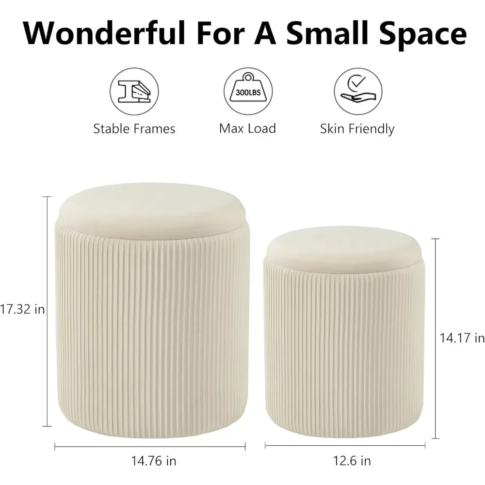 Round Ottoman with Storage Set of 2 Upholstered Velvet Vanity Stool Lines 300lbs Ottomans Multifunctional Beige Home Fusion
