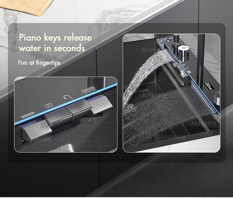304 Stainless Steel Waterfall Kitchen Sink Large Single Slot Integrated Digital Display Faucet Set Soap Dispenser Cup Washer Home Fusion