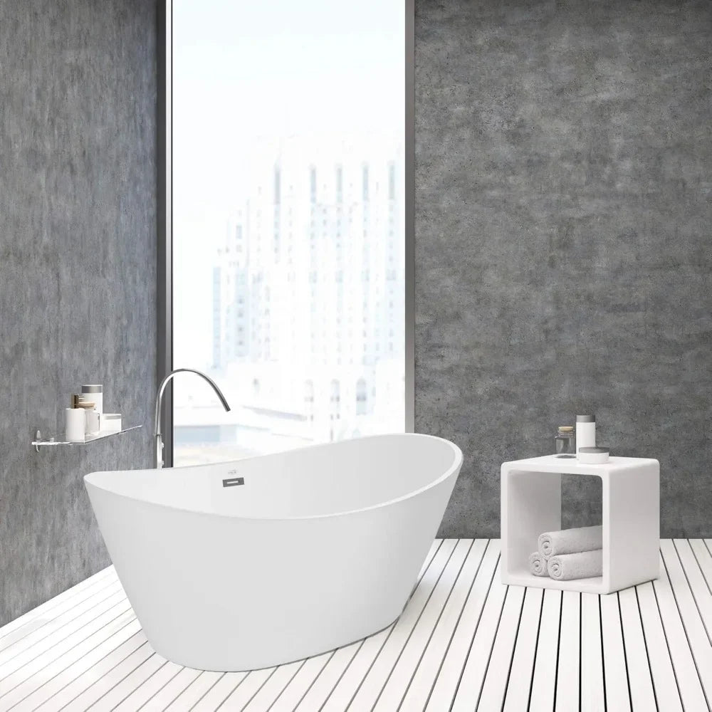 Bathtub, 59-inch, Acrylic Freestanding, Deep Soaking Tub with Overflow and Drain, Spa Tubs, Freestanding Tub Home Fusion