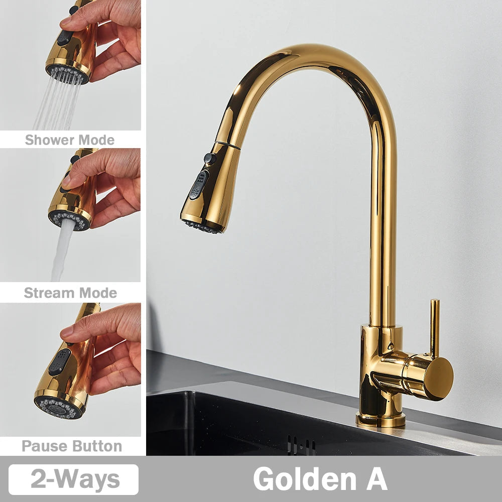 Brushed Nickel Kitchen Faucet Flexible Pull Out Nozzle Kitchen Sink Mixer Tap Stream Sprayer Head Deck Black Hot Cold Water Taps - Home Fusion