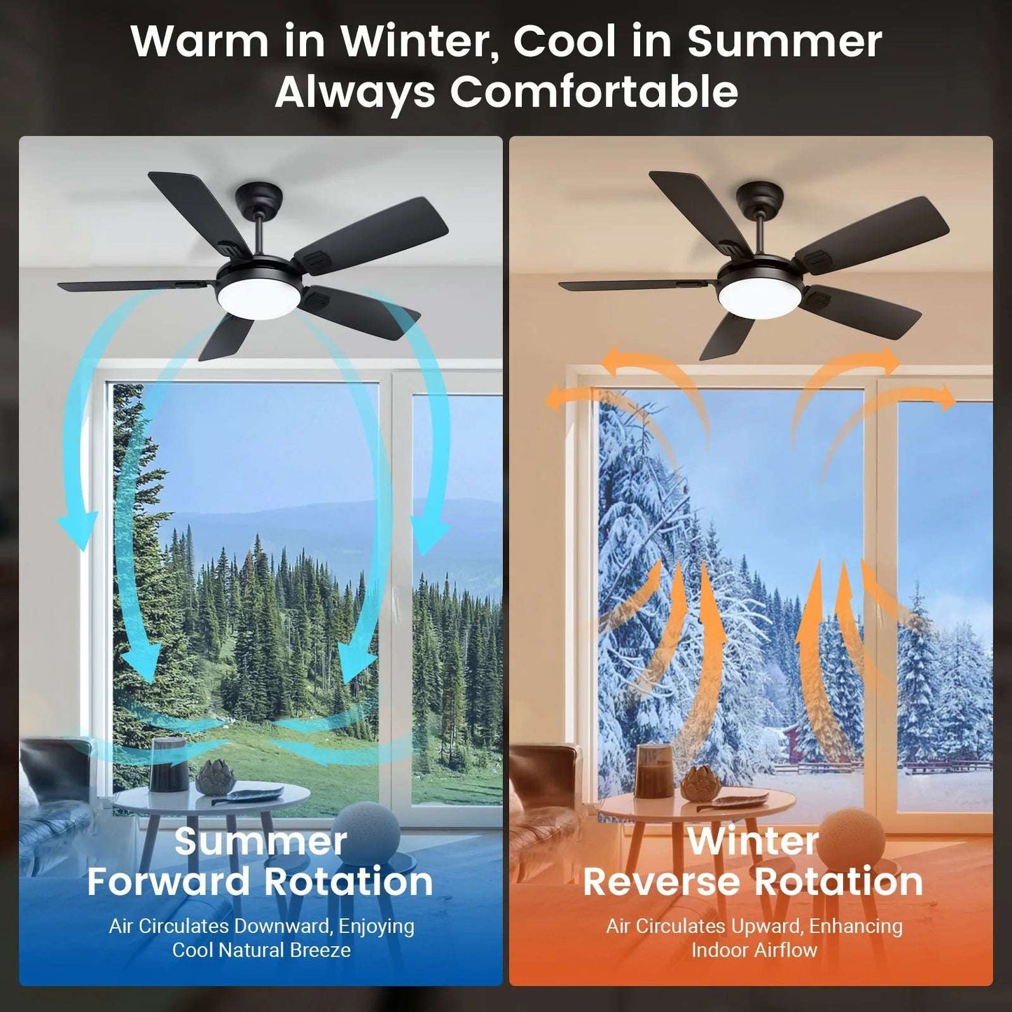 Modern Minimalist 5-Blade Ceiling Fan Light 42 /52 Black/White/Wood Grain Dimmable with Doodle App Ceiling Fan Light Home Fusion