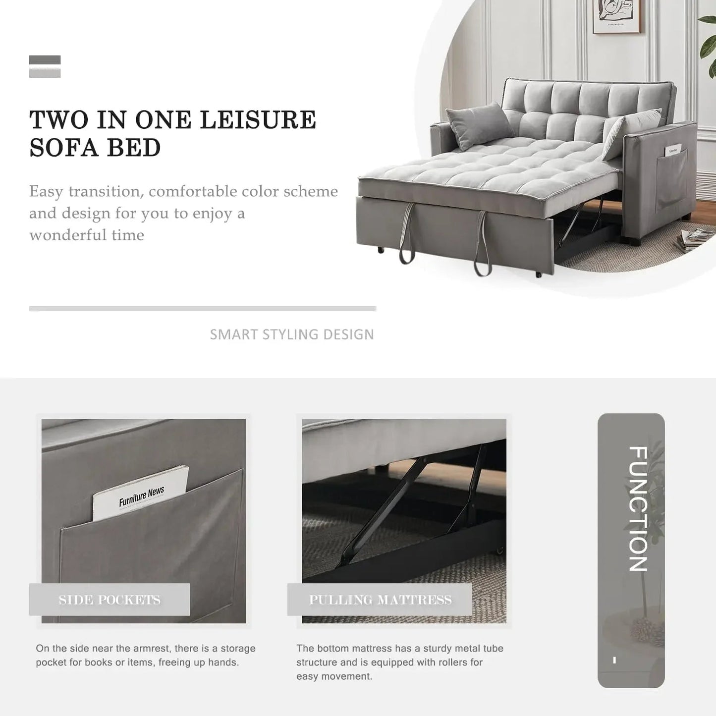 Convertible Sleeper Sofa Bed | Modern Pullout Couch with Adjustable Backrest | Loveseat Futon Home Fusion