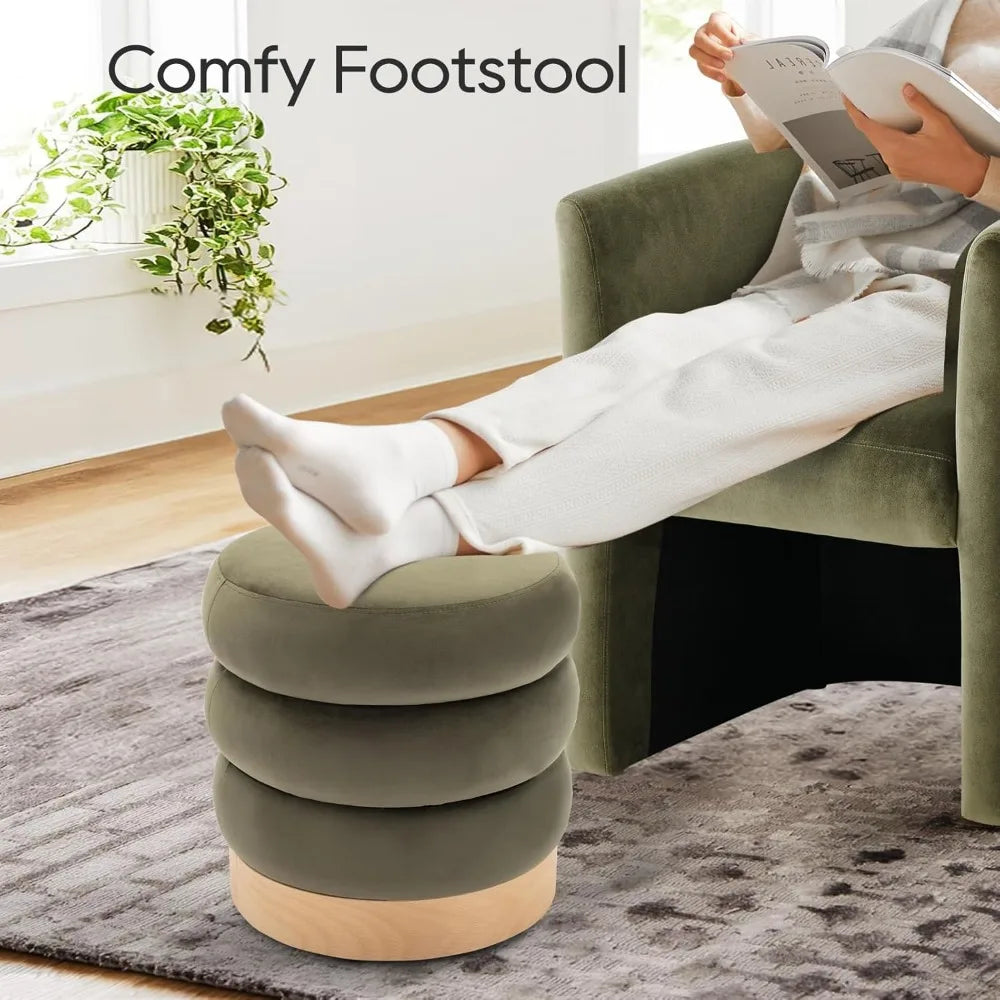 Velvet Ottoman Footstool, Tufted Modern Foot Rest Stool with Wood Base for Living Room, Bedroom, Desk, Round Versatile Side End Home Fusion