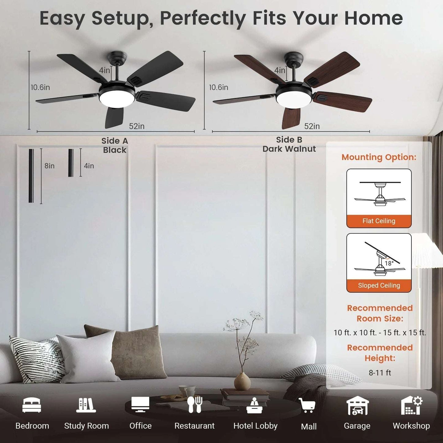 Modern Minimalist 5-Blade Ceiling Fan Light 42 /52 Black/White/Wood Grain Dimmable with Doodle App Ceiling Fan Light Home Fusion