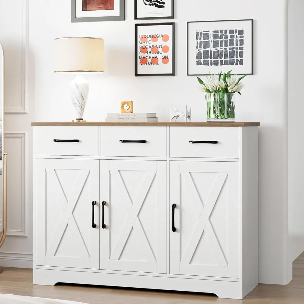 Modern Farmhouse Sideboard Buffet Cabinet, Barn Doors Buffet Storage Cabinet with Drawers and Shelves Home Fusion