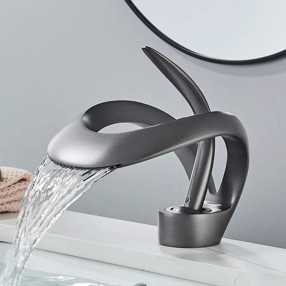 Rozin Luxury Black Basin Faucet Grey Bathroom Waterfall Mixer Tap Brass Deck Mount Modern Style Hot Cold Water Sink Mixer Crane - Home Fusion