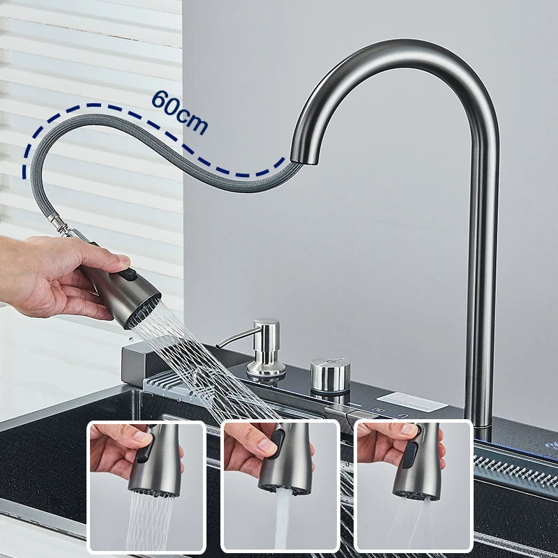Stainless Steel Kitchen Sink with Faucet Digital Display Large Single Bowl Waterfall Rain 5 Functions System Dish Basin Sink Home Fusion
