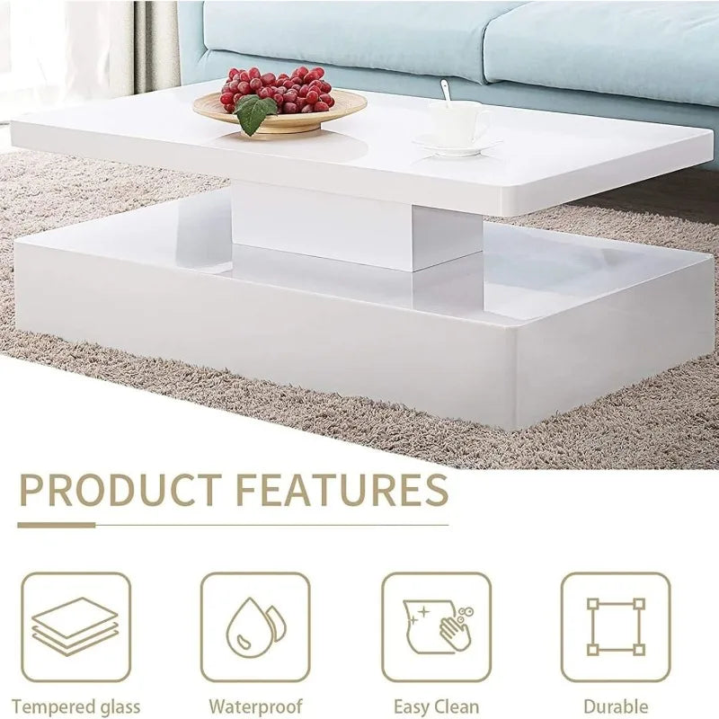Modern LED Coffee Table 44 Inch, High Glossy Rectangler Center Table with LED Lights &2 Tier for Home Living Room Home Fusion